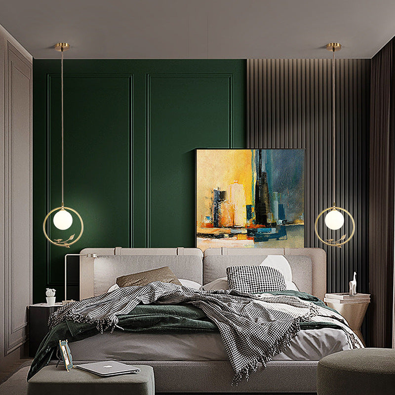 Lámpara colgante contemporánea nórdica de cobre y cristal circular de 1 luz para sala de estar y dormitorio 