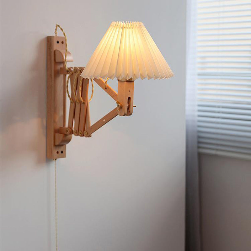 Nordische Vintage-Holz-Plissee-Stretch-Wandleuchte mit 1 Licht