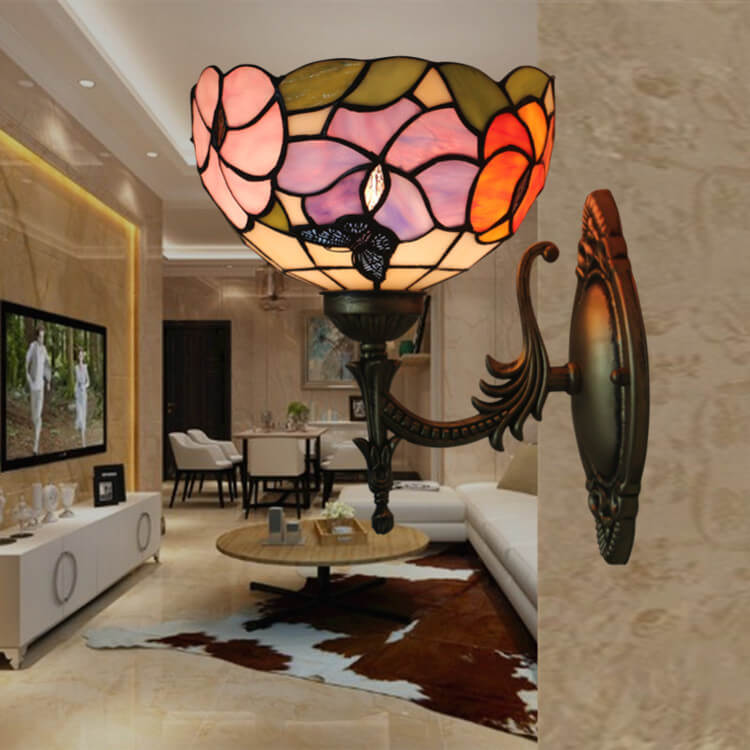 European Tiffany Floral Butterfly Bowl 1-Light Wall Sconce Lamp