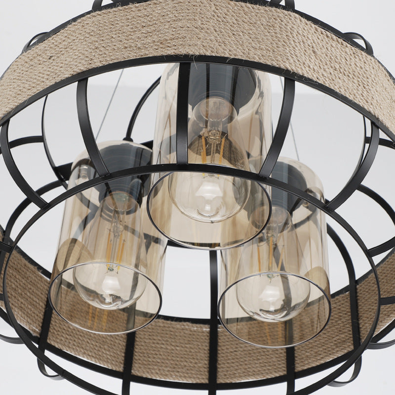 Industrial Vintage Twine Round Glass Cylinder 3-Light Chandelier