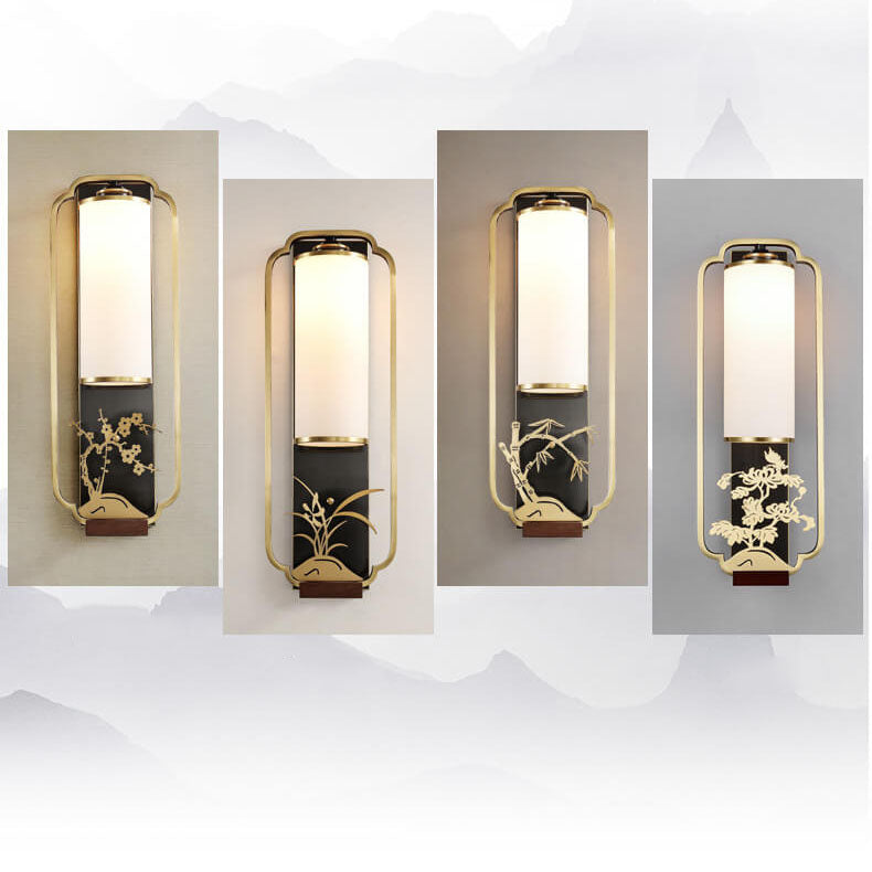 Modern New Chinese Copper Glass Column Ring 1-Light Wall Sconce Lamp