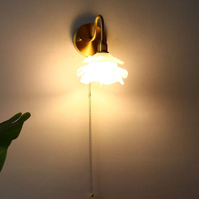 Japanese Minimalist Floral Frosted Glass 1-Light Pull Cord Wall Sconce Lamp