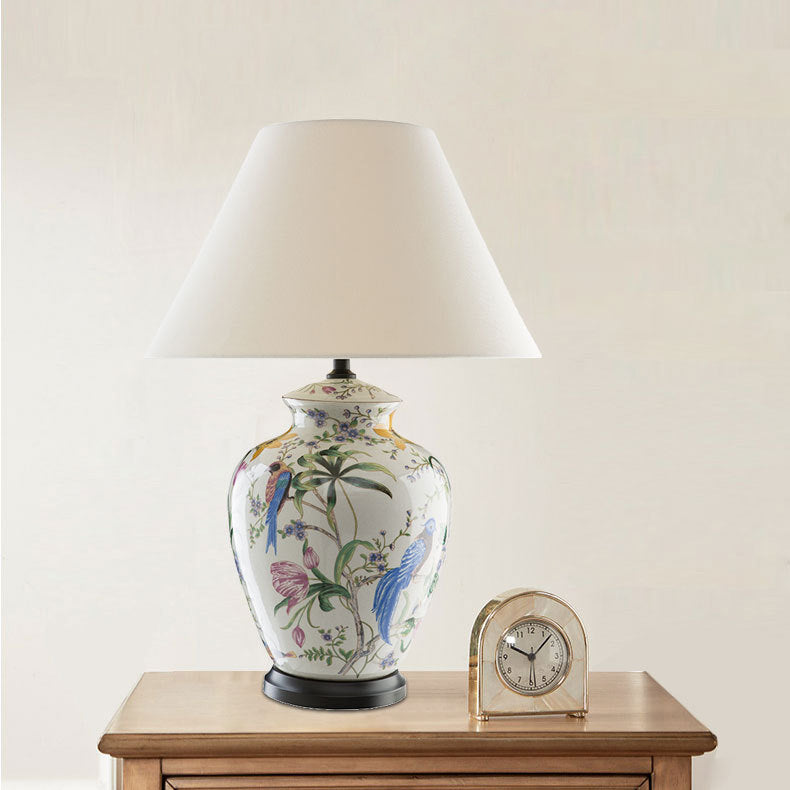 Lampe de table 1 lumière moderne rétro en céramique fleur et oiseau idylliques 