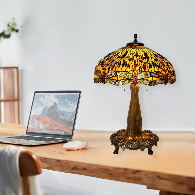 Traditionelle Tiffany Libelle Buntglas Kuppel 3-Licht Tischlampe für Studie 