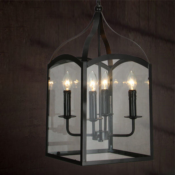Lámpara de araña contemporánea industrial de 4 luces con jaula cuadrada de hierro y vidrio para salón 