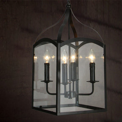 Industrial Vintage Glass Candle Square Cage 4-Light Chandelier