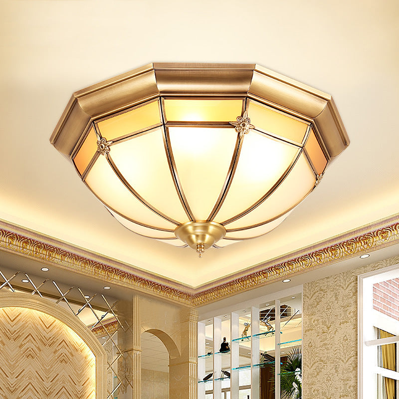 Traditional Chinese Copper Glass Round Flower Pattern 3/4/6 Light Flush Mount Ceiling Light for Living Room