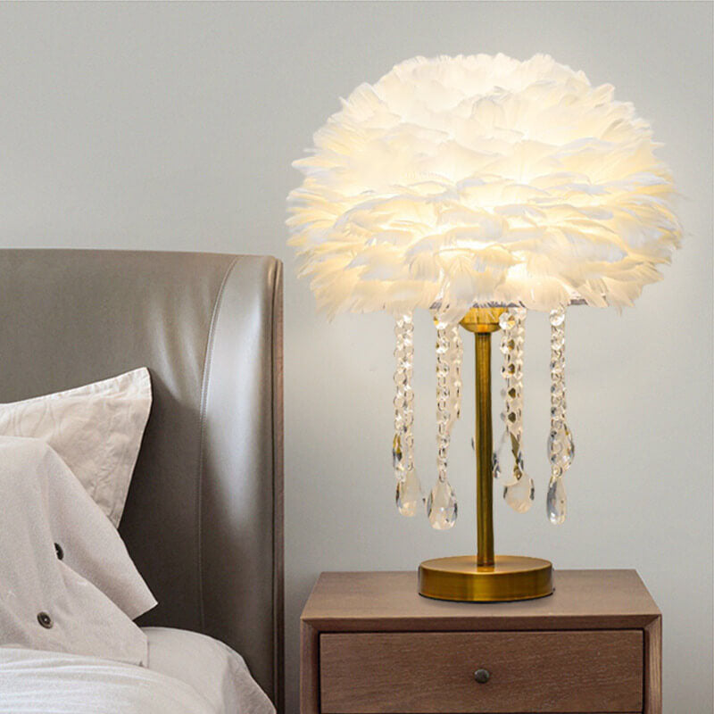 Modern Minimalist Feather Round Crystal Beads 1-Light Table Lamp For Bedroom