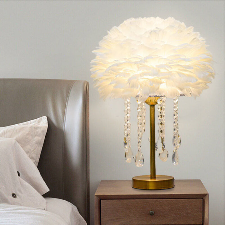 Modern Minimalist Feather Round Crystal Beads 1-Light Table Lamp For Bedroom