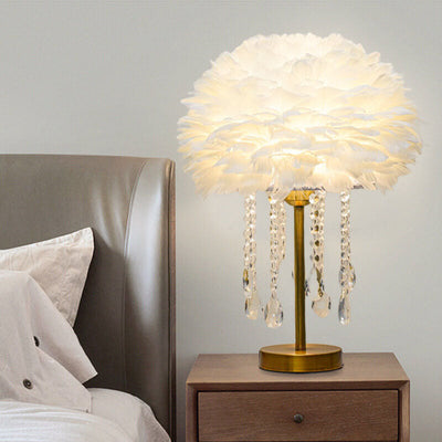 Modern Minimalist Feather Round Crystal Beads 1-Light Table Lamp