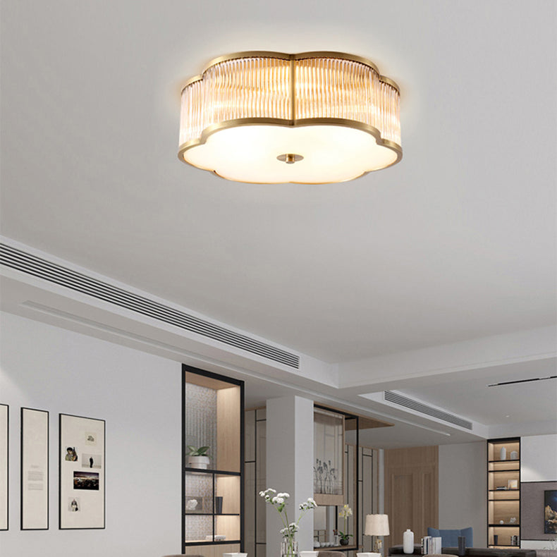 Modern Luxury Ribbed Glass Shade Brass Edging 4- Light Flush Mount Ceiling Light For Living Room