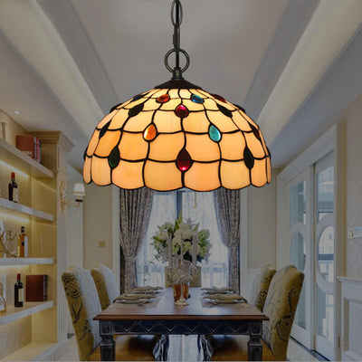 Tiffany European Gemstone Stained Glass Round 1-Light Pendant Light