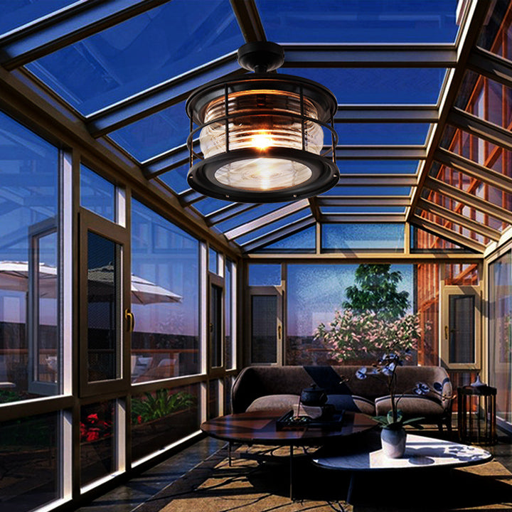 Moderne halbbündige 1-flammige Outdoor-Deckenleuchte im Industrial-Stil aus Glas und Eisen in Trommelform für Terrasse und Patio im Außenbereich 