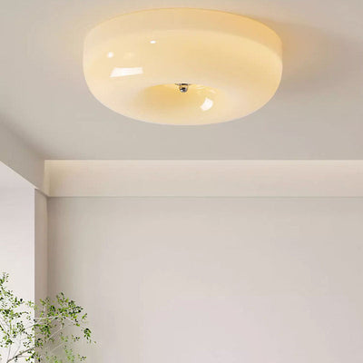 Contemporary Nordic Creamy Yellow Pudding Glass Shade Iron LED Flush Mount Ceiling Light For Living Room