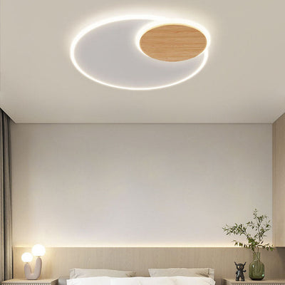 Contemporary Scandinavian Wood Acrylic Round Shade LED Flush Mount Ceiling Light For Living Room