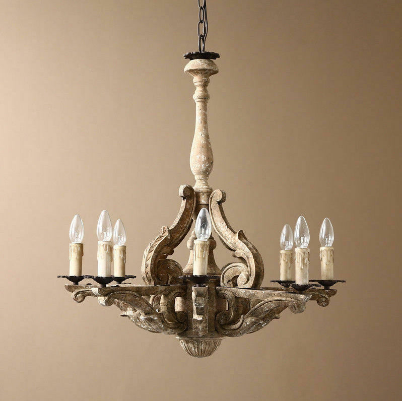 European Rustic Vintage Solid Wood 6-Light Chandelier