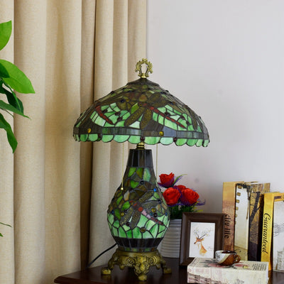 European Tiffany Green Dragonfly Oval Base 3-Light Table Lamp