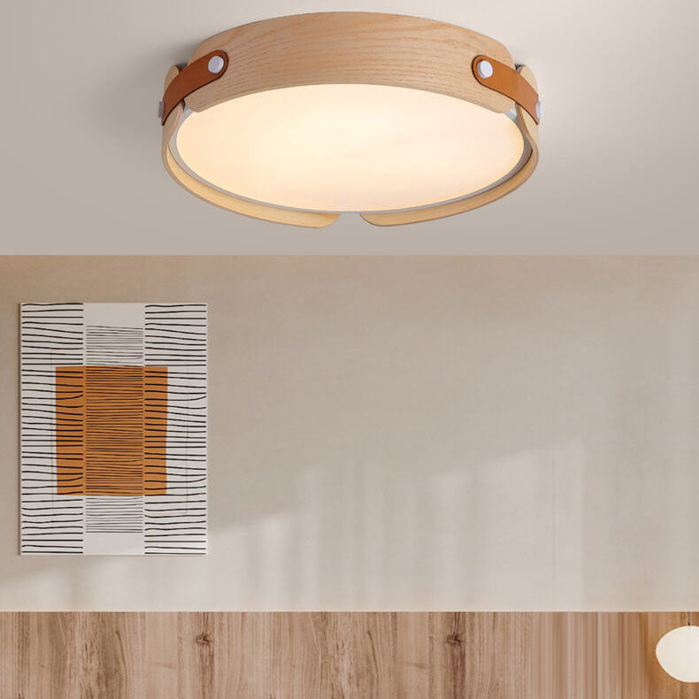 Modern Minimalist Solid Wood Round Leather Design LED Flush Mount Ceiling Light