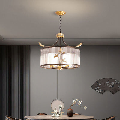 Chandelier traditionnel chinois à cadre en cuivre avec abat-jour en verre nervuré 4/6/8 lumières pour salon 