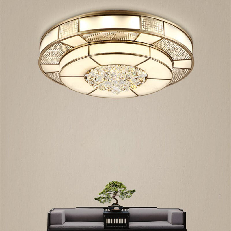 Luxury Chinese Round Crystal Brass LED Flush Mount Ceiling Light