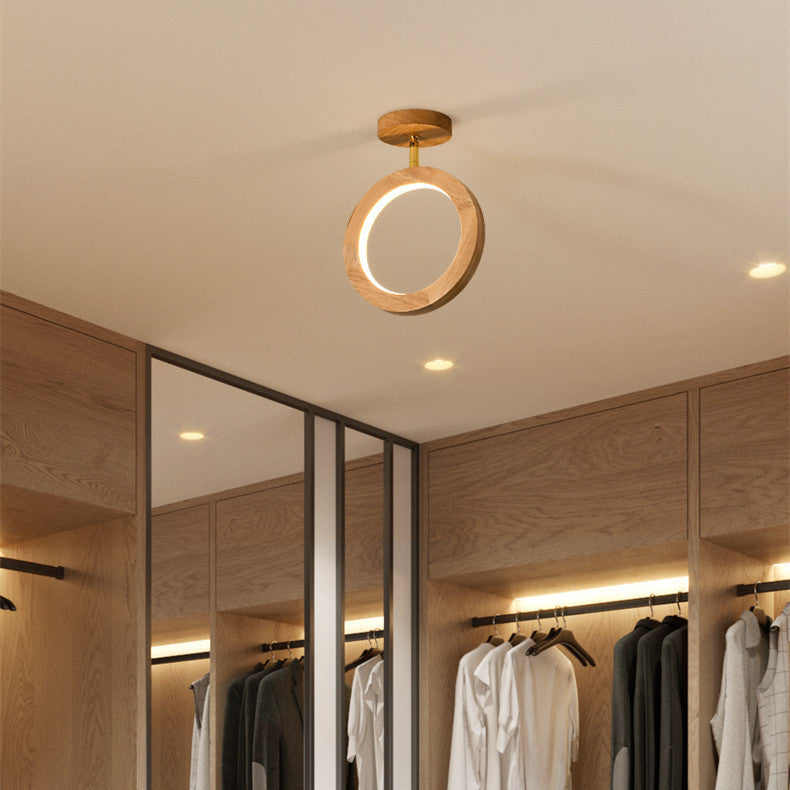 Nordic Minimalist Solid Wood Circle Ring LED Semi-Flush Mount Ceiling Light