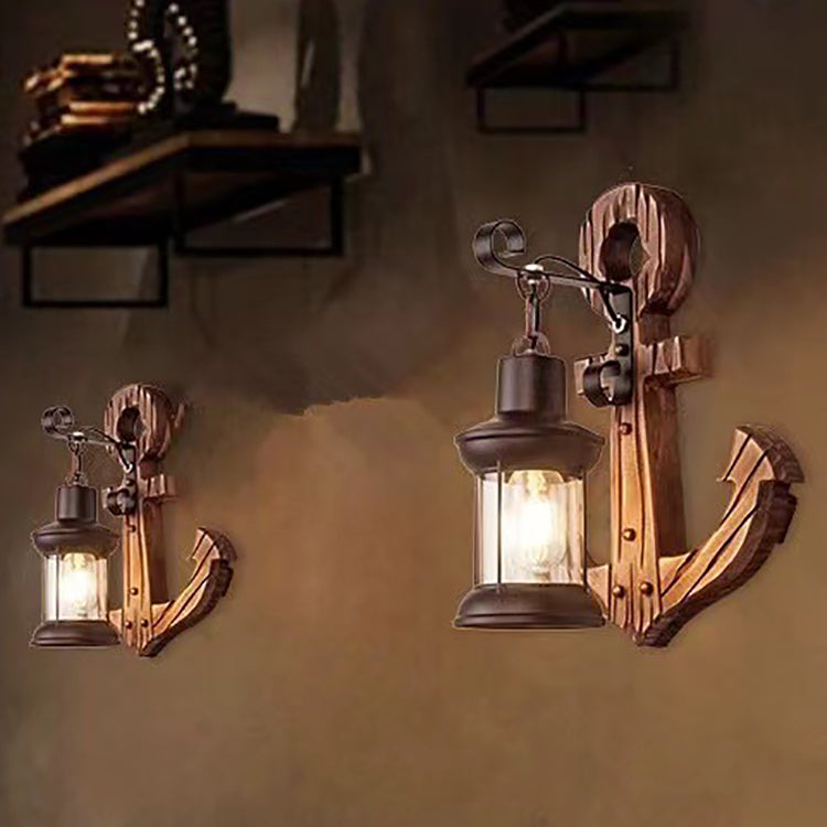 Traditional Vintage Distressed Wood Boat Anchor Cylindrical Glass Shade 1-Light Wall Sconce Lamp For Entertainment Room