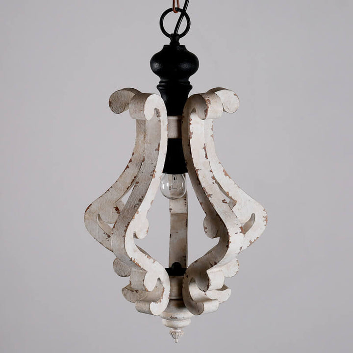 Suspension Luminaire 1 Lumière en Cage en Bois Vieilli Blanc Rustique Vintage 