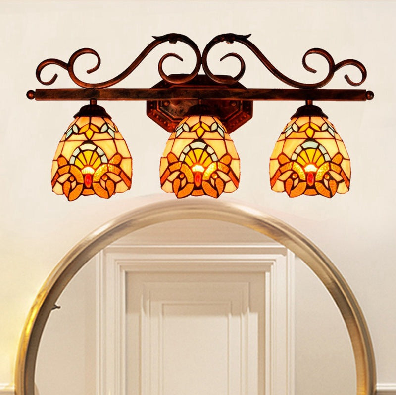 European Vintage Tiffany Stained Glass Iron 3-Light Mirror Front Light Wall Sconce Lamp