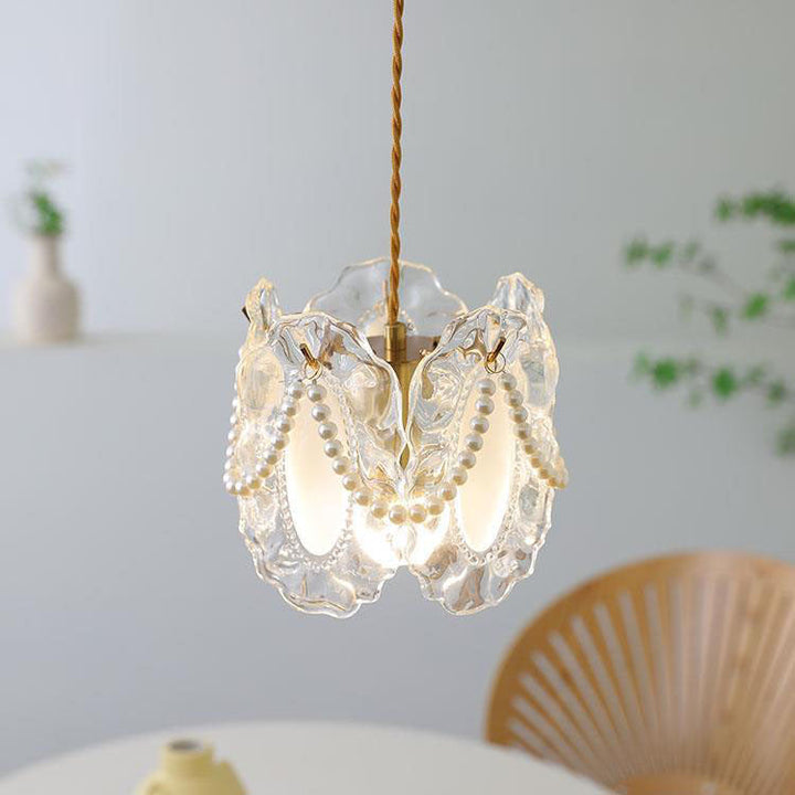 Modern Shabby Chic Pearl Decor Petal Crystal Shade 1-Light Pendant Light For Living Room