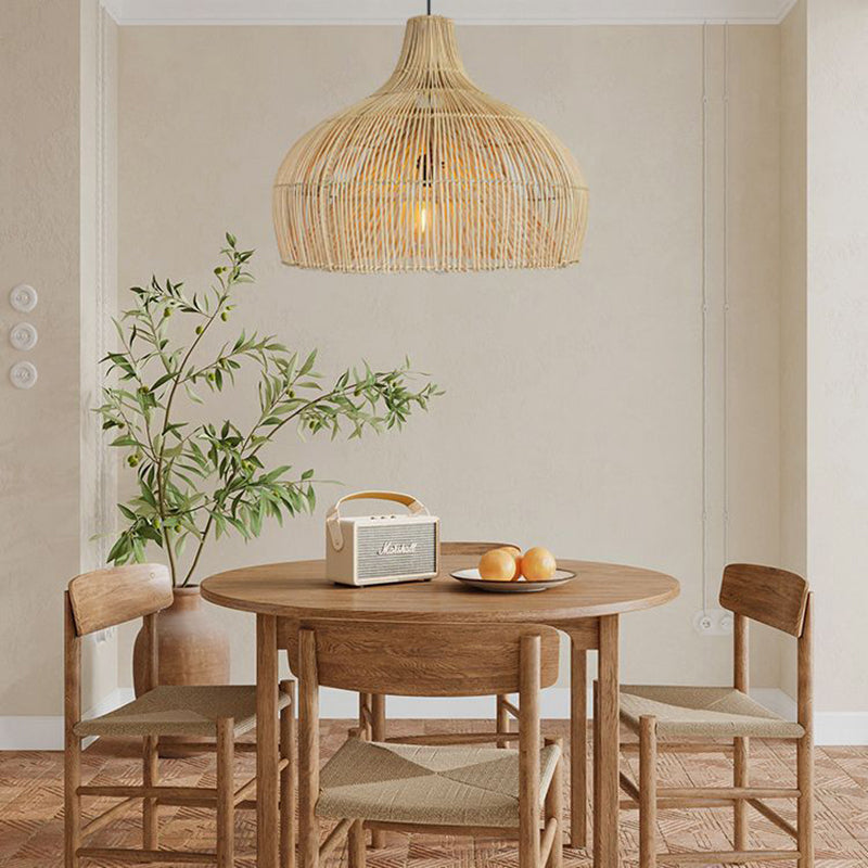 Contemporary Boho Rattan Weaving Cage 1-Light Pendant Light For Dining Room