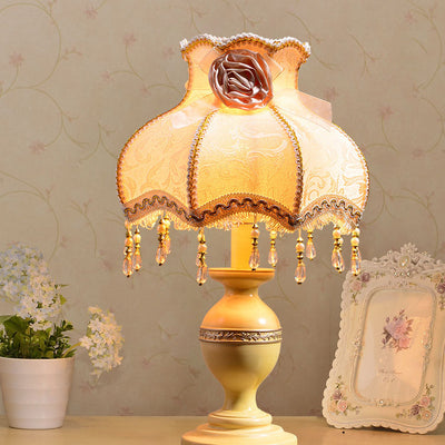French Rustic Rose Tassel Fabric Resin 1-Light Table Lamp