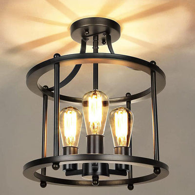 Industrial Vintage Round Drum 3-Light Semi-Flush Mount Ceiling Light