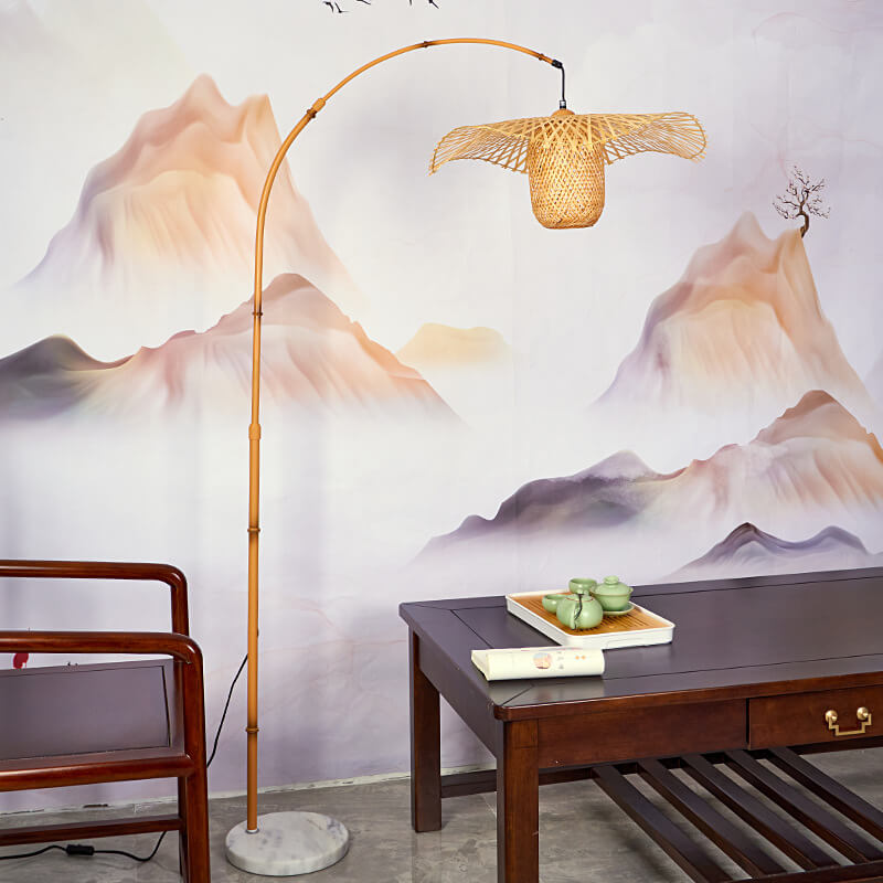 Vintage Zen Bamboo Weaving Straw Hat 1-Light Adjustable Standing Floor Lamp