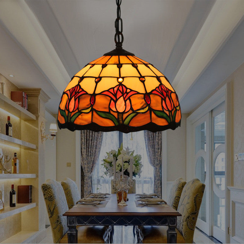 Traditionelle 1-flammige Tiffany-Pendelleuchte mit Blumenmotiv aus Buntglas und Eisenschirm für Wohn- und Schlafzimmer 