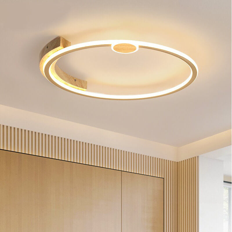 Modern Minimalistic Round Solid Color Wood Iron Acrylic LED Flush Mount Light