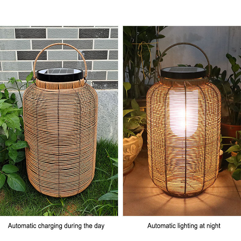 Traditionelle chinesische Solar-Gartenleuchte aus Eisen, Kunststoff und Rattan-Geflecht in runder Krugform mit LED, wasserdicht, für den Außenbereich 