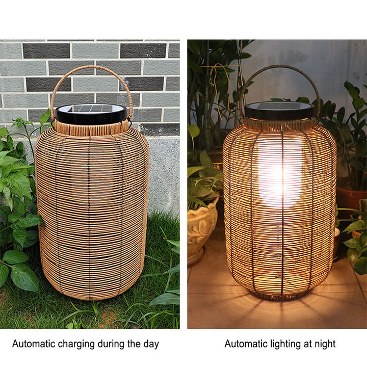 Traditionelle chinesische Solar-Gartenleuchte aus Eisen, Kunststoff und Rattan-Geflecht in runder Krugform mit LED, wasserdicht, für den Außenbereich 