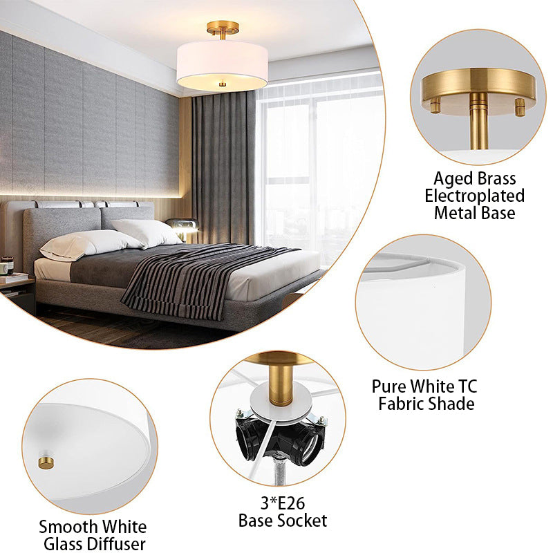 Moderno candelabro de 3 luces con base de latón envejecido electrochapado y pantalla de cilindro de tela para sala de estar 