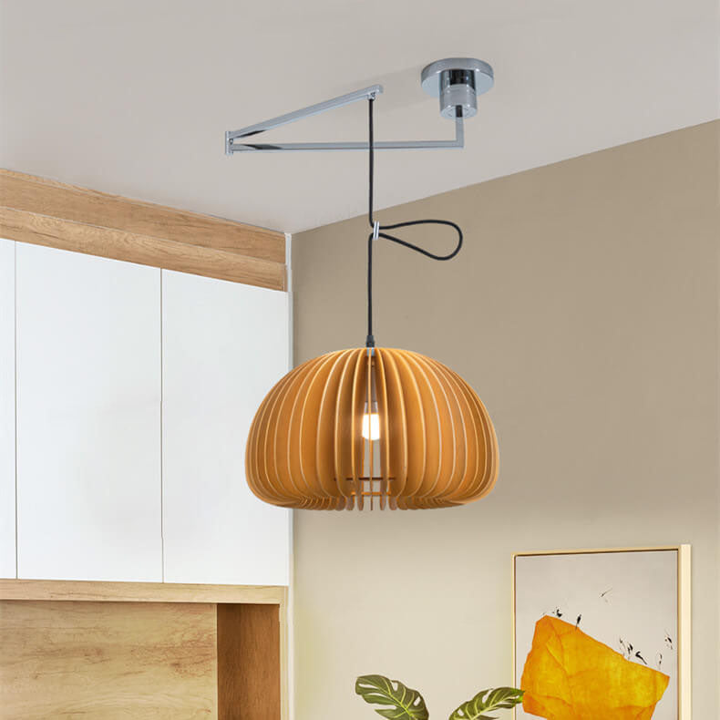 Japanische minimalistische Holz-Kürbis-Schwenkarm-1-Licht-Pendelleuchte 
