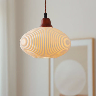 Japanese Vintage Pleated Ceramic Round Dome Wood 1-Light Pendant Light