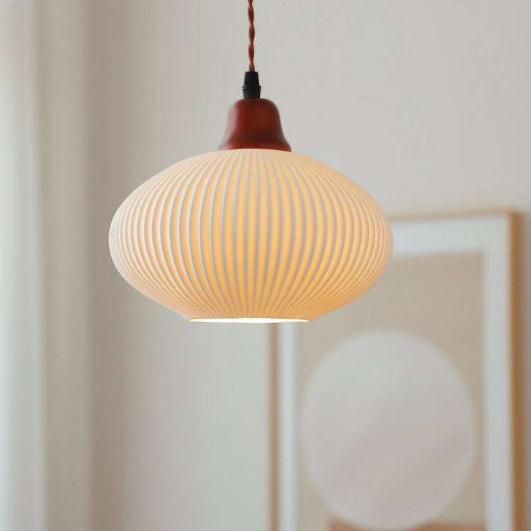 Japanese Vintage Pleated Ceramic Round Dome Wood 1-Light Pendant Light