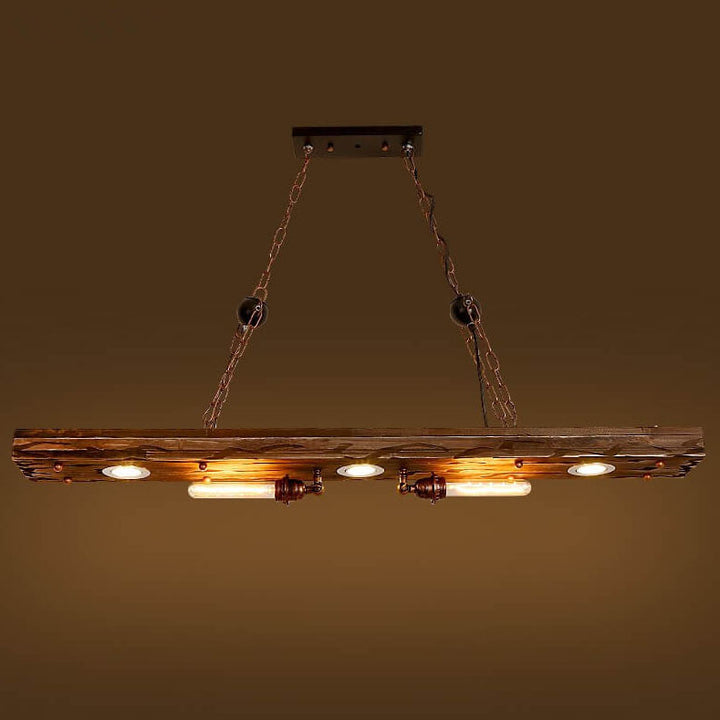 Lámpara de araña rectangular de madera y hierro industrial retro de 5 luces para isla 