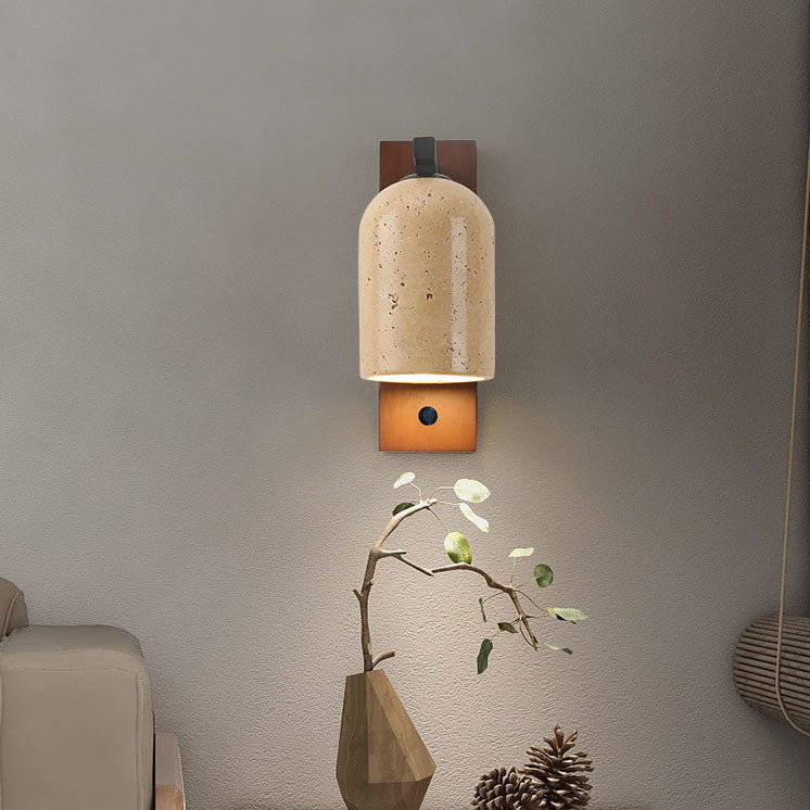 Japanese Vintage Stone Cylinder Wooden Base 1-Light Wall Sconce Lamp