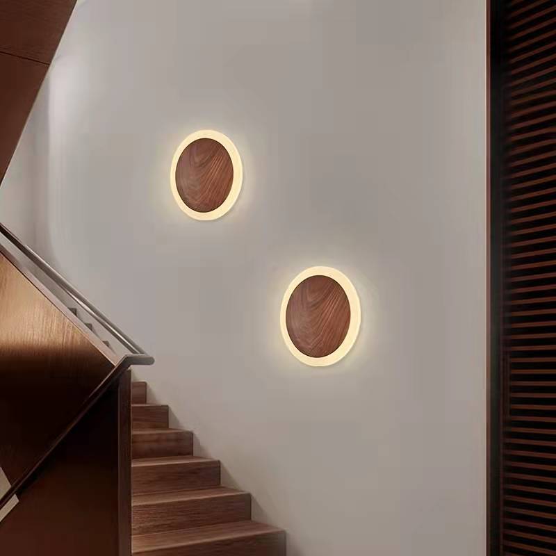 Aplique de pared LED con pantalla redonda de nogal negro japonés tradicional para sala de estar 