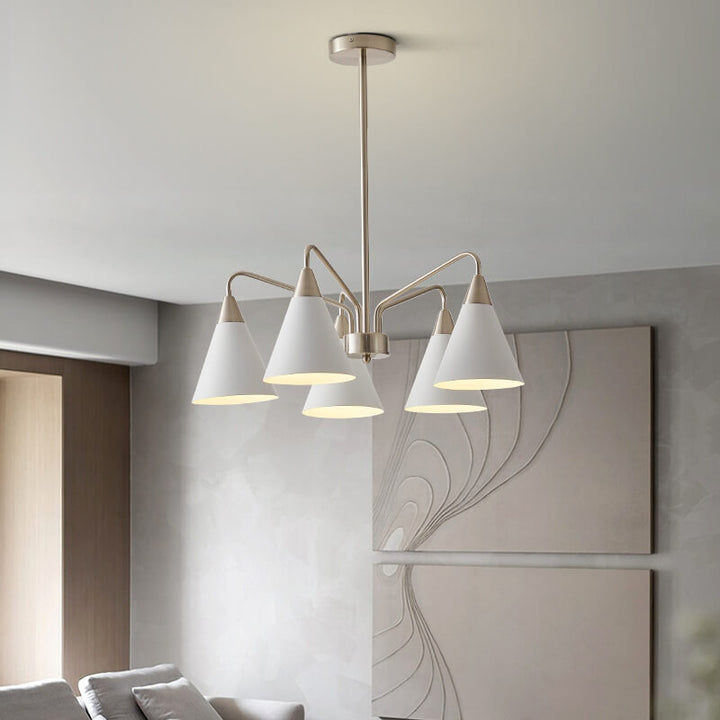 Modern Minimalist Cone Shade Sand Nickel Branch Iron 3/5 Light Chandelier for Living Room