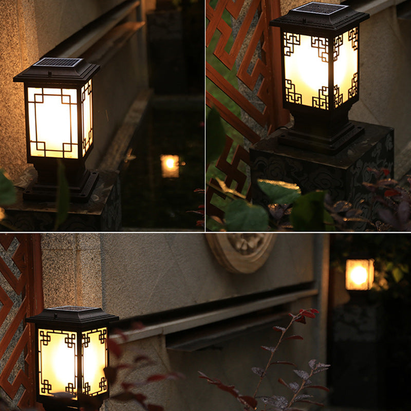 Solar Chinese Window Square Post Head 1-Light Waterproof Garden Landscape Light