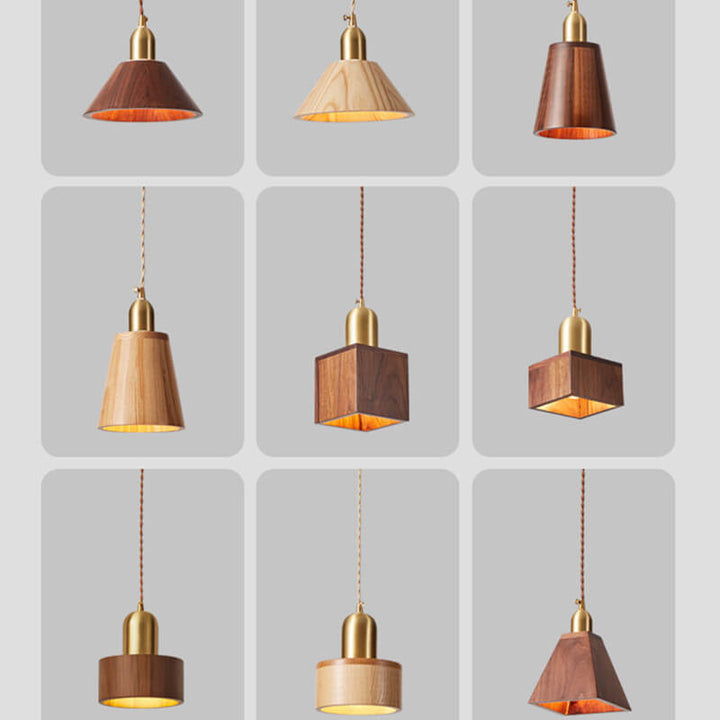 Traditional Vintage Ash Wood Walnut Geometric Round Cone Brass 1-Light Pendant Light for Living Room