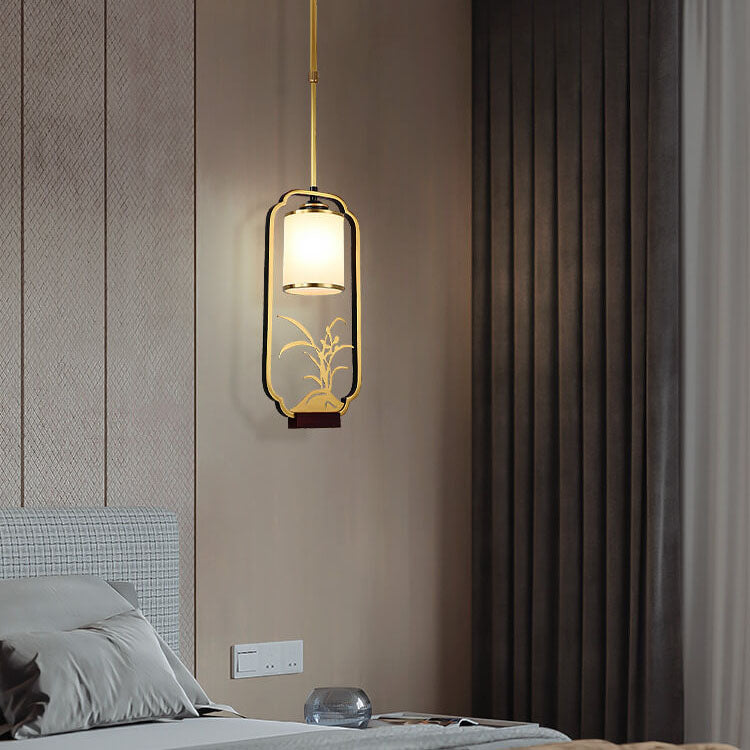 Modern Chinese Glass Shade Ring Brass Zen 1-Light Pendant Light