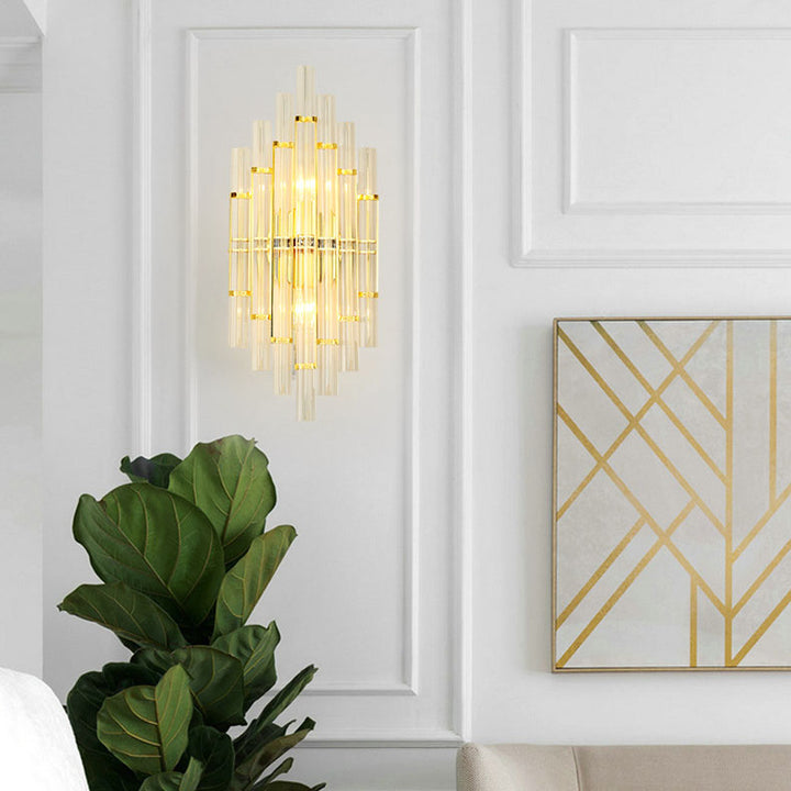 Modern Luxury Crystal Hardware Geometric Column Rechargeable 2-Light Wall Sconce Lamp For Living Room &amp; Bedroom