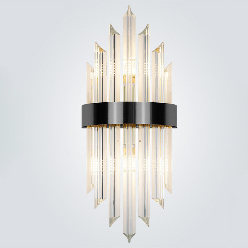Moderne luxuriöse 2-flammige Wandleuchte aus Glas, Kristallstäben und Edelstahl 